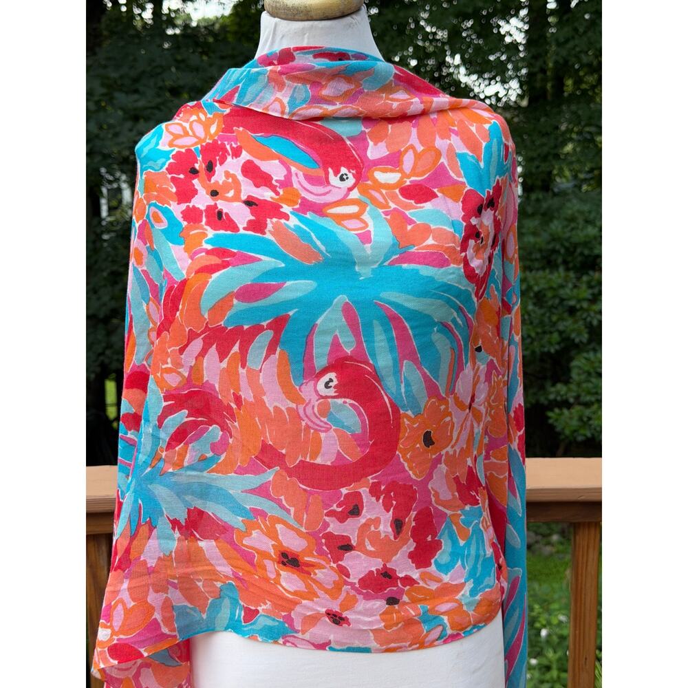 Lilly Pulitzer Silk Cashmere Tropical Flamingo Fringe Scarf Wrap - Picture 4 of 13